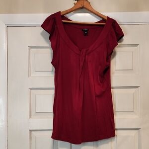 ANN TAYLOR  Cranberry Dark Red Capped Sleeve Low Neck gathered Knit Top XL